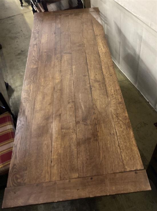 An 18th century style oak monks bench / hall table, width 199cm, depth 72cm, height 117cm